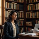 Portrait of Priya Nair, endings editor, beside a bookshelf