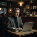 Portrait of Tom Hadley, thrillers writer, in a café