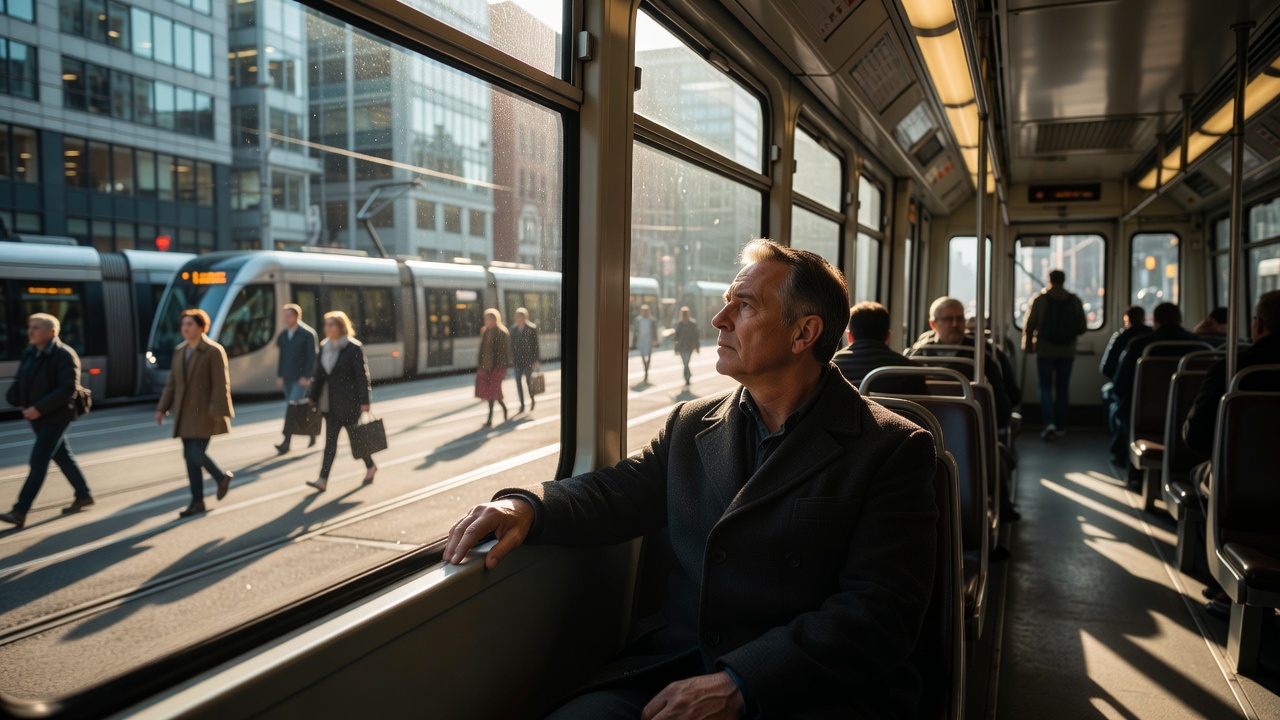 A commuter gazing out of a tram window on a bright morning city street