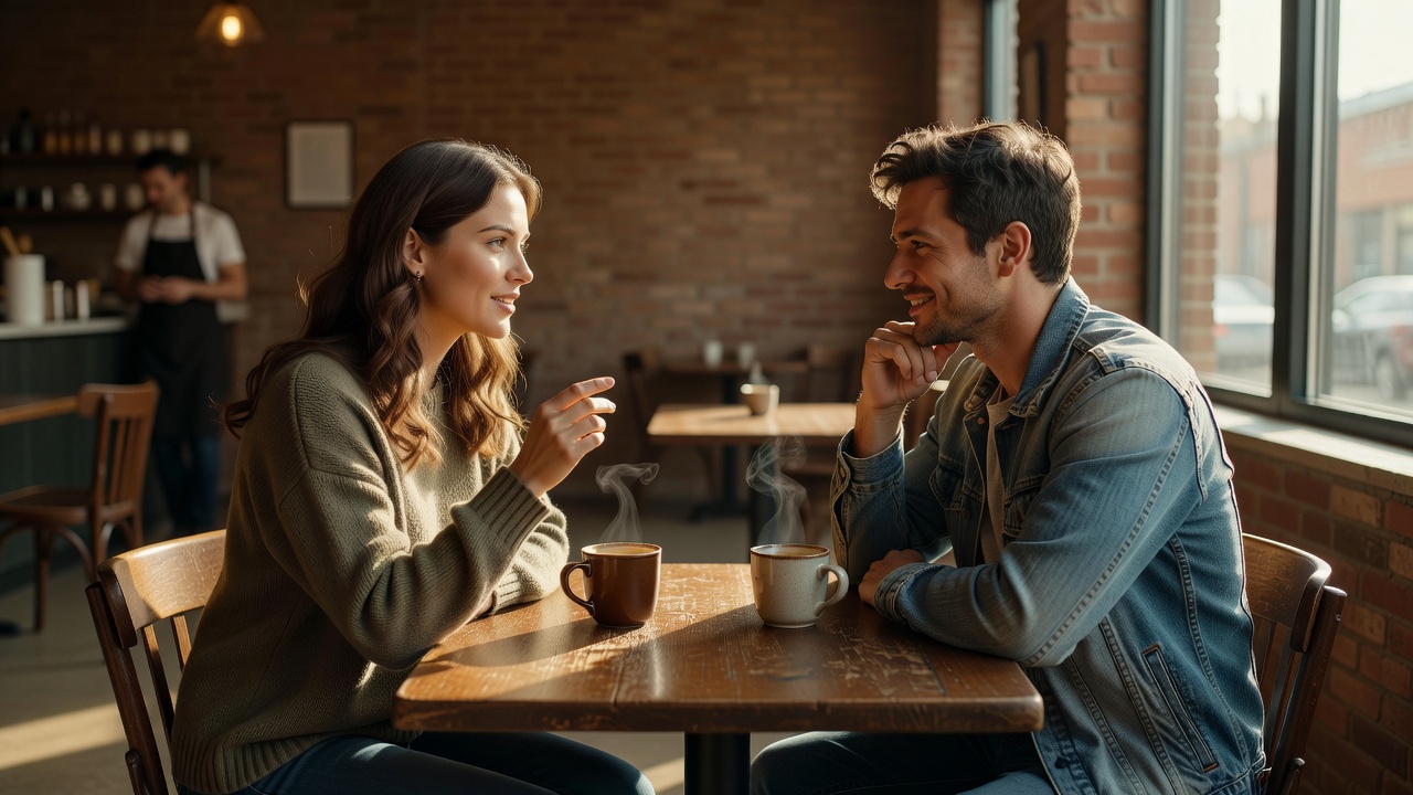 Two friends talking over coffee at a quiet neighbourhood café in afternoon light