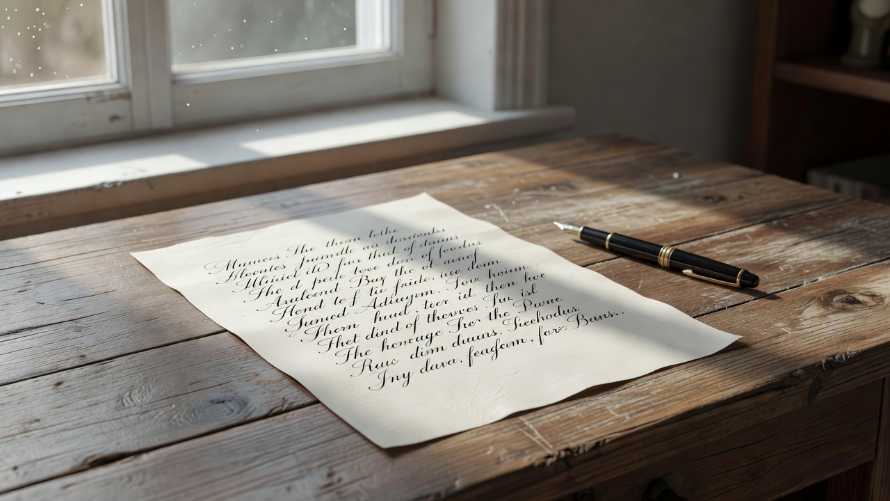 A handwritten note and pen on a wooden desk lit by window daylight