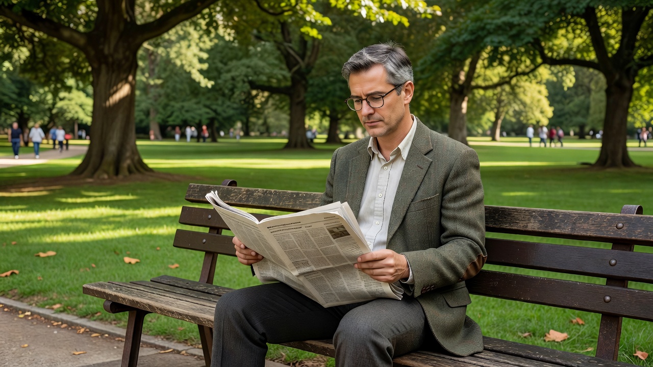 A man reading a folded newspaper on a park bench in natural daylight