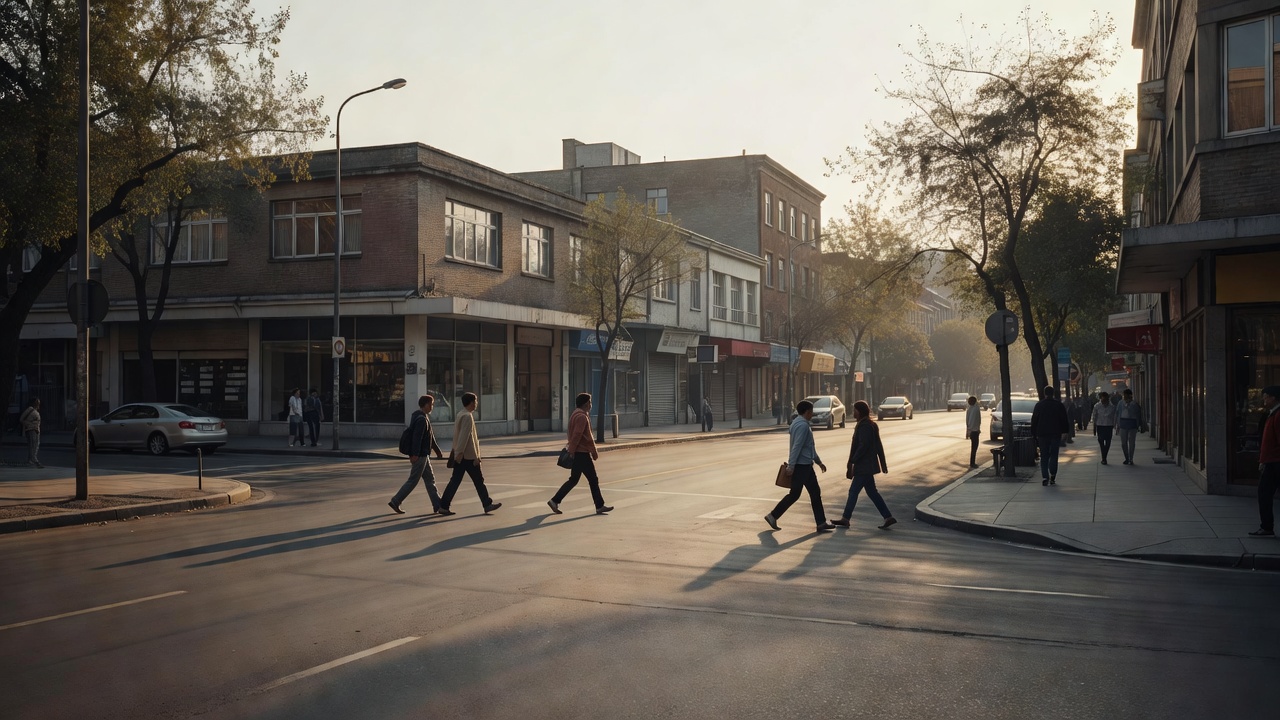 Pedestrians crossing a quiet city street corner in soft afternoon light