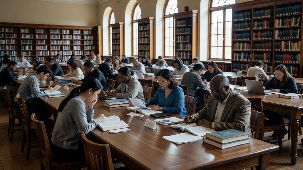 People studying at long wooden tables in a daylit public library reading room
