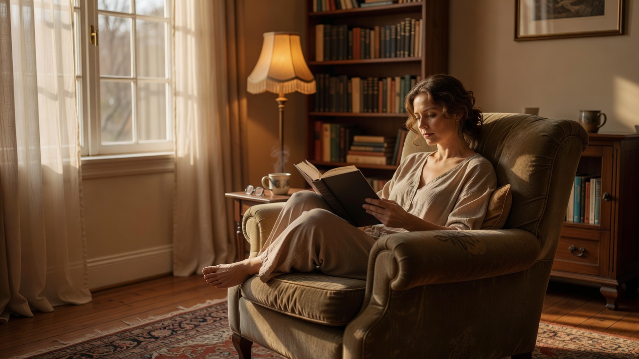 A woman reading in an armchair beside a window in a softly lit living room